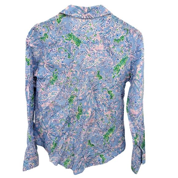 Lilly Pulitzer 100% Linen Button Down Shirt Women’s Small Blue Pink Green Floral - Picture 2 of 5